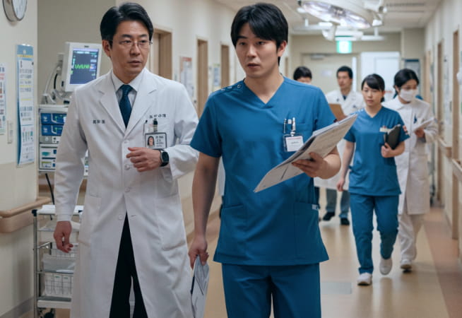 白衣や青いスクラブを着た複数の医師たちが、病院の廊下をチームで歩きながら話し合っている場面